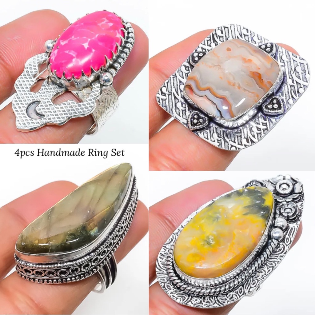 4pcs Handmade Natural Gemstone Ring Set 67$